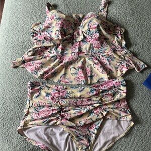 Torrid Pink and butter yellow midkini with Peplum Ruffle